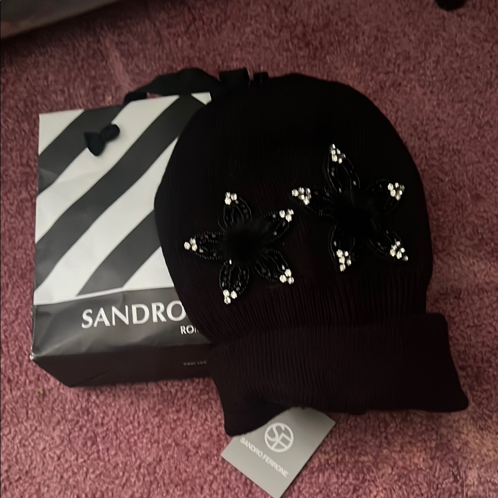Sandro Black Knit Hat with Sparkling Studs